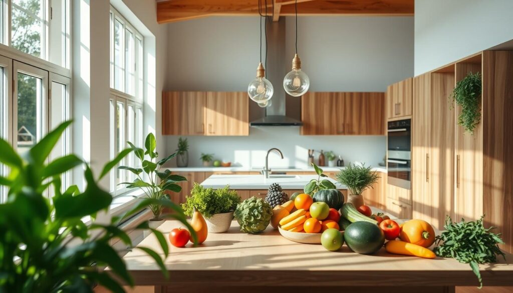 A bright, airy kitchen filled with natural light streaming through large windows. In the foreground, an array of fresh, colorful fruits and vegetables artfully arranged on a wooden kitchen counter. Lush, leafy green plants adorn the space, creating a serene, eco-friendly atmosphere. The middle ground features a modern, minimalist kitchen island with a sleek, white countertop. Suspended above, industrial-style pendant lights cast a warm, ambient glow. In the background, a stylish, wooden cabinetry system with clean lines and ample storage space. Subtle, earthy tones throughout, conveying a sense of simplicity and sustainability - the essence of a zero-waste kitchen.