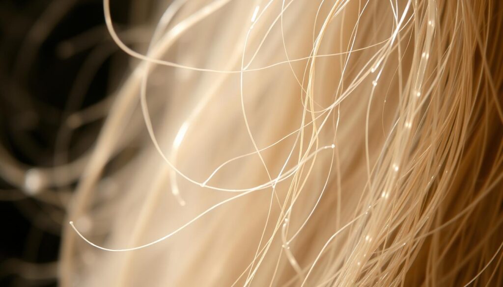 A close-up shot of highly porous human hair strands, illuminated by soft, diffused natural lighting. The hair has a delicate, wispy texture, with visible gaps and irregularities along the shaft, indicating a high degree of porosity. The focus is on the intricate, lace-like structure of the individual hair fibers, capturing their unique and vulnerable appearance. The background is blurred, keeping the attention firmly on the delicate hair details. The overall mood is one of intricate beauty and fragility, reflecting the nature of high-porosity hair.