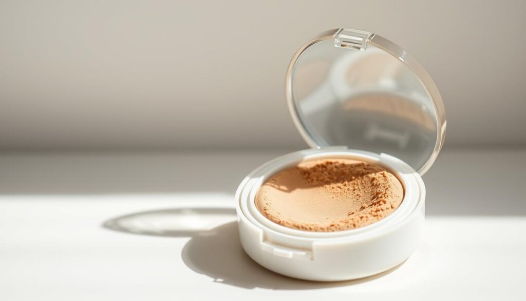 A close-up view of a porcelain-like powder compact with a transparent lid, revealing a soft, finely-milled mineral makeup powder in a warm, natural beige tone. The compact is set against a minimalist, light-colored background, with gentle shadows and highlights that accentuate the product's texture and form. The lighting is soft and diffused, creating a serene, high-end aesthetic that conveys the purity and efficacy of mineral-based cosmetics. The overall composition emphasizes the simplicity and refinement of the mineral makeup product, aligning with the concept of "What is mineral makeup?"