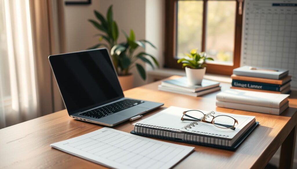 A cozy home office with a tidy desk, featuring a laptop, a stack of books, and a small potted plant. Soft, natural lighting filters in through a large window, casting a warm, inviting glow. On the desk, a meticulously organized planner and a pair of reading glasses sit, hinting at the importance of budgeting and financial planning. The overall atmosphere exudes a sense of focus, organization, and the significance of personal finance management.