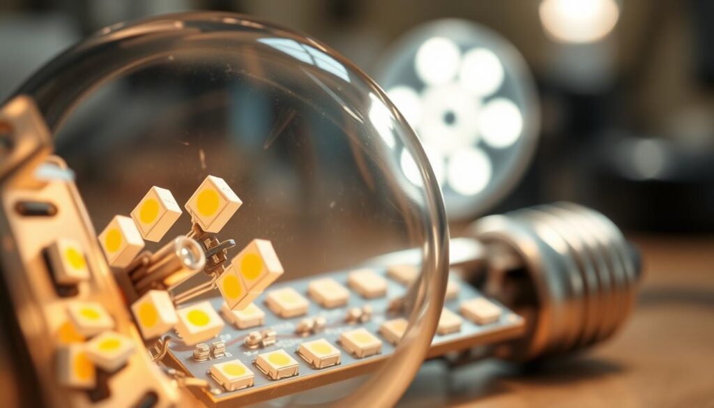 A detailed close-up of an LED light bulb, illuminating the intricate inner workings and components. The foreground features the translucent glass or plastic bulb housing, revealing the delicate LED chips, heat sink, and electrical connections. The middle ground showcases the intricate circuit board and wiring, while the background is softly blurred, emphasizing the technical focus. The lighting is crisp and even, with a warm, inviting glow radiating from the LEDs. The overall composition conveys a sense of precision engineering and the cutting-edge technology behind energy-efficient LED lighting.