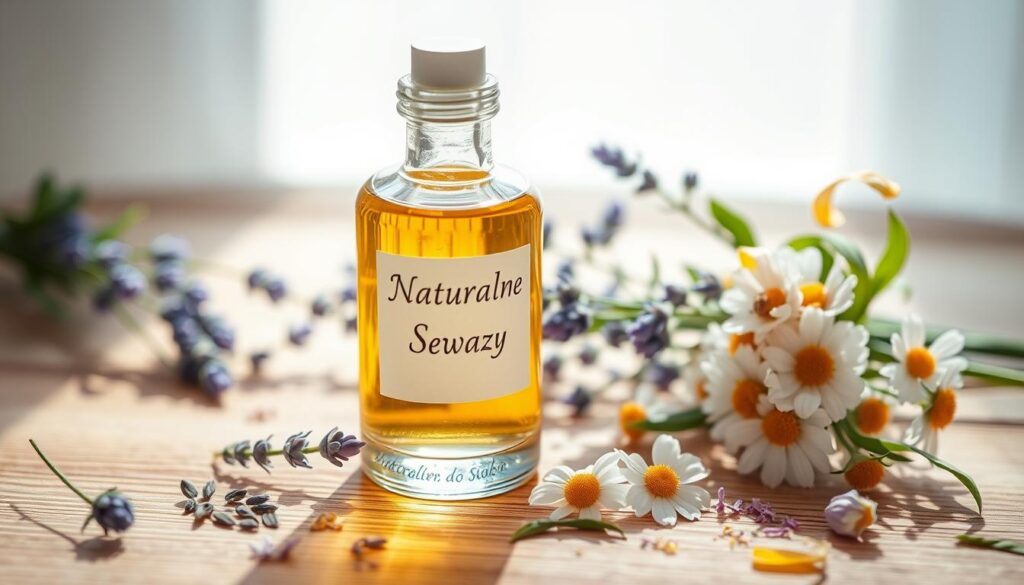 A glass bottle filled with a clear, golden-hued liquid sits on a wooden surface, bathed in soft, natural lighting. The bottle's label displays the text "Naturalne Serum do Twarzy" in an elegant, minimalist font. Surrounding the bottle are delicate, vibrant botanicals - sprigs of lavender, sprinkles of chamomile, and unfurling leaves - creating a serene, organic composition. The overall scene conveys a sense of purity, tranquility, and the inherent nourishment of natural skincare.