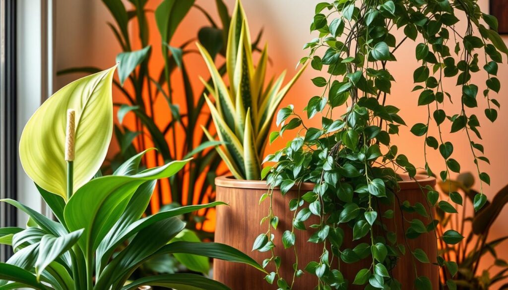 A lush, verdant indoor garden showcasing various air-purifying plants. The foreground features a potted peace lily, its broad leaves gently swaying, exuding a serene, cleansing presence. In the middle ground, a snake plant stands tall, its sharp, upright leaves filtering the air. Trailing vines of a pothos plant cascade down the sides of a wooden planter, creating a natural, restorative ambiance. The background is illuminated by warm, diffused lighting, casting a soft, soothing glow on the scene. The overall atmosphere evokes a sense of tranquility and the revitalizing power of nature's ability to purify the air within a domestic setting.