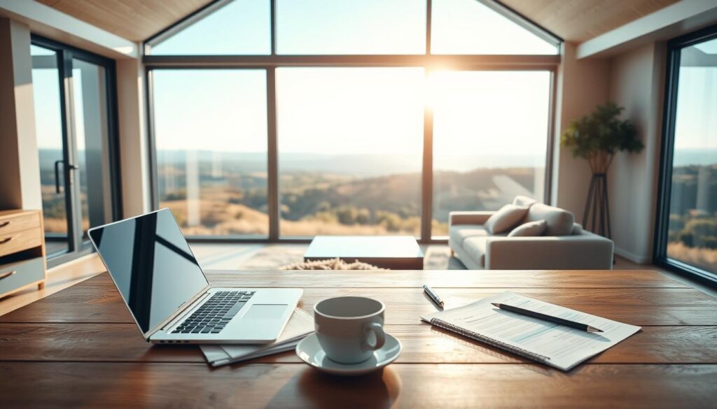 A modern, well-appointed home interior with a large window overlooking a picturesque landscape. In the foreground, a wooden table with a laptop, papers, and a cup of coffee, representing the financial planning and decision-making process of a mortgage. The middle ground features a cozy living area with plush furniture, suggesting the comfort and security of a home. The background showcases a panoramic view of rolling hills and a bright, sun-dappled sky, symbolizing the long-term investment and future that a mortgage can provide. The overall mood is one of thoughtful contemplation, financial responsibility, and the promise of a stable, prosperous future.