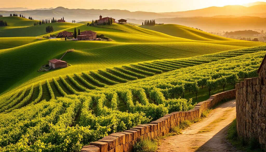 A rolling Tuscan hillside blanketed in lush, verdant vineyards, punctuated by clusters of terra cotta-roofed villas nestled among cypress trees. The sun casts a warm, golden glow over the tranquil landscape, illuminating the rows of grapevines reaching towards the horizon. In the foreground, a weathered stone wall winds through the scene, adding a sense of timeless, rustic charm. A narrow, winding road leads the eye deeper into the picturesque, quintessentially Italian countryside, inviting the viewer to explore the winemaking traditions and rich flavors of this renowned viticultural region.