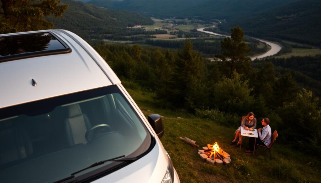 A serene campsite nestled in a lush, verdant landscape. In the foreground, a sleek, modern campervan with a sunroof, its silver exterior gleaming in the soft, golden light of the setting sun. Nearby, a cozy campfire crackles, its warm glow illuminating the surrounding forest. In the middle ground, a couple enjoys a leisurely al fresco meal, their faces lit by the flickering flames. In the distance, rolling hills and a winding river create a picturesque backdrop, hinting at the promise of adventure and exploration. The atmosphere is one of tranquility and connection with nature, inviting the viewer to imagine themselves on a peaceful journey through the Balkans.