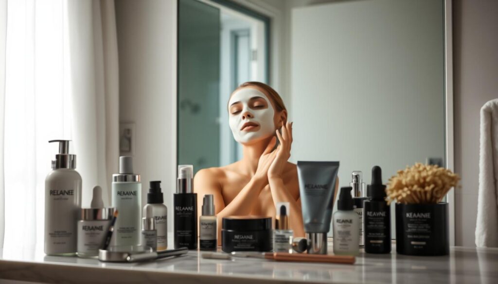 A serene, dimly lit bathroom scene with soft, natural lighting filtering in through a window. In the foreground, an array of high-end skincare products and tools are neatly arranged on a marble countertop, conveying a sense of luxury and self-care. In the middle ground, a woman's hands gently apply a face mask, her expression one of relaxation and focus. In the background, a large mirror reflects the scene, creating a sense of depth and intimacy. The overall atmosphere is calming and introspective, evoking a contemplative mood around the topic of anti-aging skin treatments.