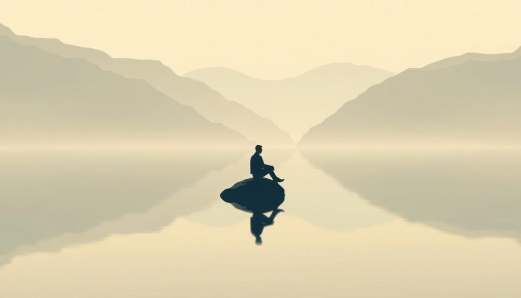 A serene, minimalist illustration of passive investing. In the foreground, a calm, tranquil lake reflects the surrounding mountains and sky. In the middle ground, a lone silhouetted figure sits peacefully on a rock, symbolizing the hands-off, passive approach to investing. The background features a gentle, hazy landscape with soft, muted colors, conveying a sense of balance and stability. The lighting is soft and diffused, creating a serene, contemplative atmosphere. The overall composition emphasizes the simplicity and tranquility of passive investing, free from the noise and complexity of active trading.