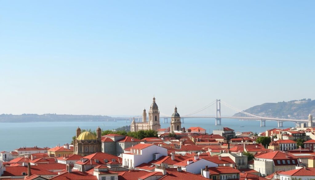 A sweeping panoramic view of Lisbon's iconic skyline, bathed in warm, golden light. In the foreground, the historic tiled rooftops of the Alfama district cascade down the hillsides, their vibrant hues contrasting with the deep-blue Tagus River below. The middle ground is dominated by the majestic Sé de Lisboa cathedral, its imposing towers and ornate Baroque facade rising majestically against the clear sky. In the background, the graceful arches of the Ponte 25 de Abril bridge span the river, leading the eye towards the distant, rolling hills. The overall scene conveys a sense of timeless elegance and charm, inviting the viewer to explore the rich history and captivating beauty of Portugal's enchanting capital city.