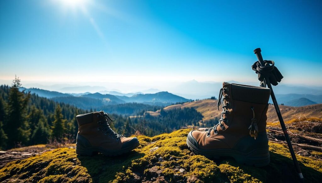 A tranquil alpine landscape under a soft, golden light. In the foreground, a pair of well-worn hiking boots stand atop a moss-covered trail, with trekking poles leaning nearby. The middle ground reveals rolling hills dotted with lush, verdant forests, while the distant peaks of the Tatra Mountains rise majestically against a hazy, azure sky. The atmosphere is one of peaceful exploration, inviting the viewer to embark on a journey of discovery through the natural splendor of this iconic region.