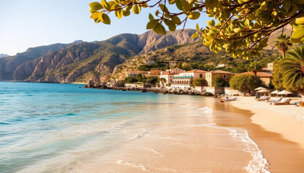 A tranquil seaside landscape on the island of Sardinia, Italy. In the foreground, a picturesque beach with soft, golden sand and gently lapping turquoise waves. In the middle ground, a row of traditional Mediterranean-style houses with terracotta roofs, nestled among lush, verdant vegetation. In the background, rugged, sun-drenched cliffs and hills rise up, creating a dramatic, natural backdrop. The scene is bathed in warm, golden light, casting a serene, inviting atmosphere. A gentle breeze rustles the leaves, and the air is filled with the salty scent of the sea. This idyllic setting perfectly captures the essence of Sardinia's breathtaking natural beauty and the welcoming charm of its coastal towns.