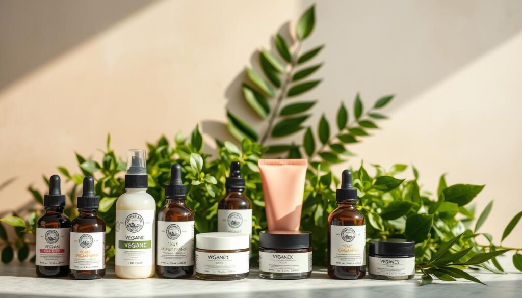 A vibrant display of vegan cosmetics against a soft, natural backdrop. In the foreground, an assortment of meticulously crafted bottles and jars, their labels showcasing organic ingredients and cruelty-free certifications. The middle ground features lush, verdant foliage, hinting at the sustainable ethos behind these products. The lighting is soft and diffused, creating a serene, inviting atmosphere. In the background, a muted, earthy-toned wall provides a minimalist canvas, allowing the vibrant colors of the vegan cosmetics to take center stage. The overall composition conveys a sense of harmony, wellness, and a commitment to ethical, plant-based beauty.
