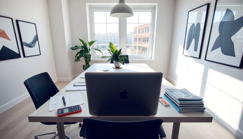 A well-lit, clean-lined office interior with a large desk, a laptop, and various finance-related items such as a calculator, pen, and paperwork. The desk is situated in front of a large window, allowing natural light to flood the space. The walls are adorned with minimalist art prints, creating a professional yet inviting atmosphere. A potted plant on the desk adds a touch of greenery, and the overall composition conveys a sense of productivity and attention to detail, reflecting the subject of freelance taxation.