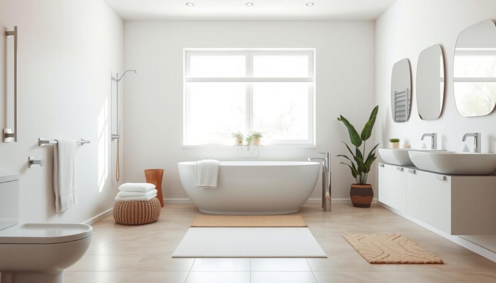 A well-lit, modern bathroom with sleek, minimalist fixtures and fittings. The room is bathed in soft, natural light filtering through a large window, creating a calming and serene atmosphere. The walls are painted in a soothing, neutral color palette, complementing the light-toned tile flooring. A large, freestanding bathtub takes center stage, inviting the viewer to imagine a relaxing, rejuvenating soak. Plush towels and a luxurious bath mat add touches of comfort, while potted plants and a few carefully placed decorative elements enhance the sense of tranquility and well-being. The overall impression is one of a harmonious, spa-like sanctuary that embodies the concept of "komfort w łazience" - comfort and relaxation in the bathroom.