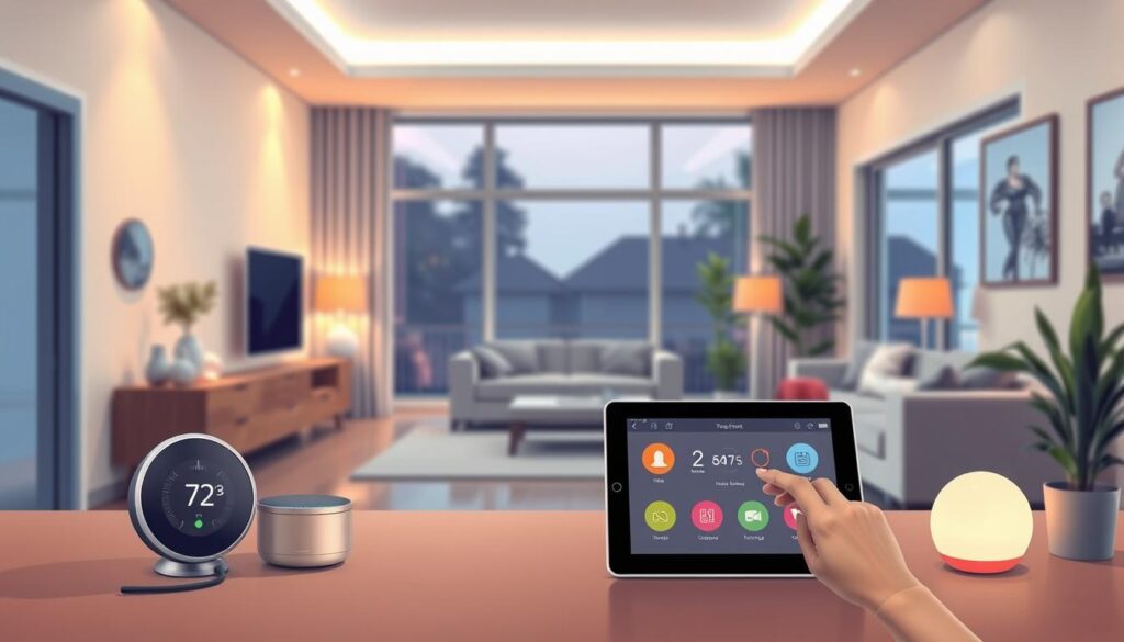 a detailed, high-quality illustration of a modern smart home interior, featuring a sleek and minimalist design with clean lines, warm lighting, and a cohesive color palette. The foreground showcases various smart home devices and technologies, such as a voice-controlled digital assistant, a smart thermostat, and a tablet interface controlling home automation. The middle ground depicts a comfortable living room with minimalist furniture, large windows, and integrated smart lighting. The background features a subtle, blurred view of a connected outdoor space, emphasizing the seamless integration of the smart home with its surroundings. The overall scene conveys a sense of efficiency, comfort, and technological sophistication, reflecting the concept of an accessible, budget-friendly smart home system.